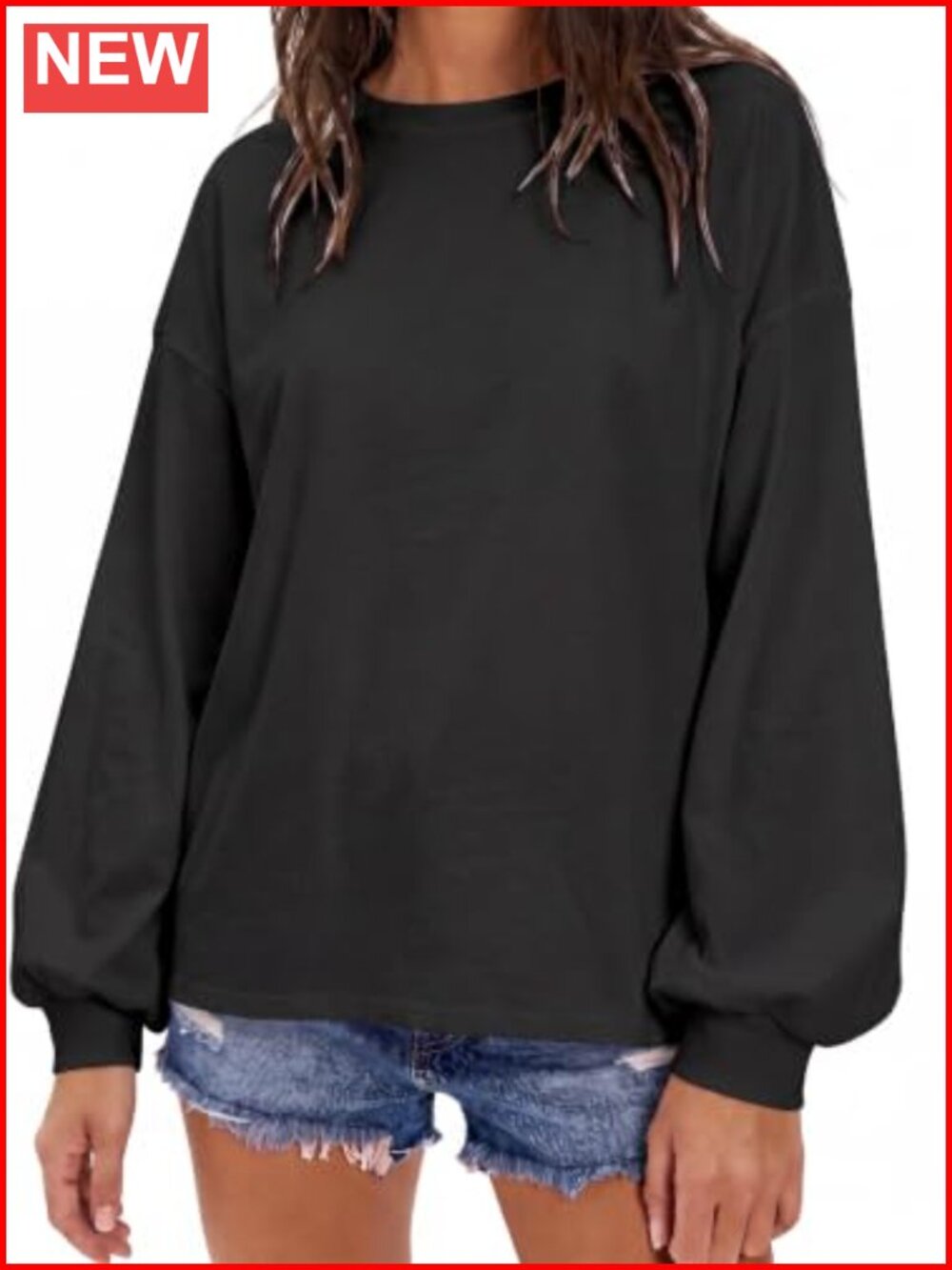 Womens Oversized Lantern Long Sleeve T-Shirt Loose Fit Tee Top Cotton Polyester
